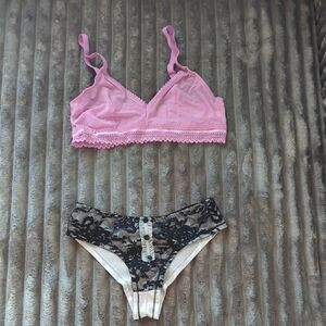 Pink Lace Bralette and Black Lace Panty Set